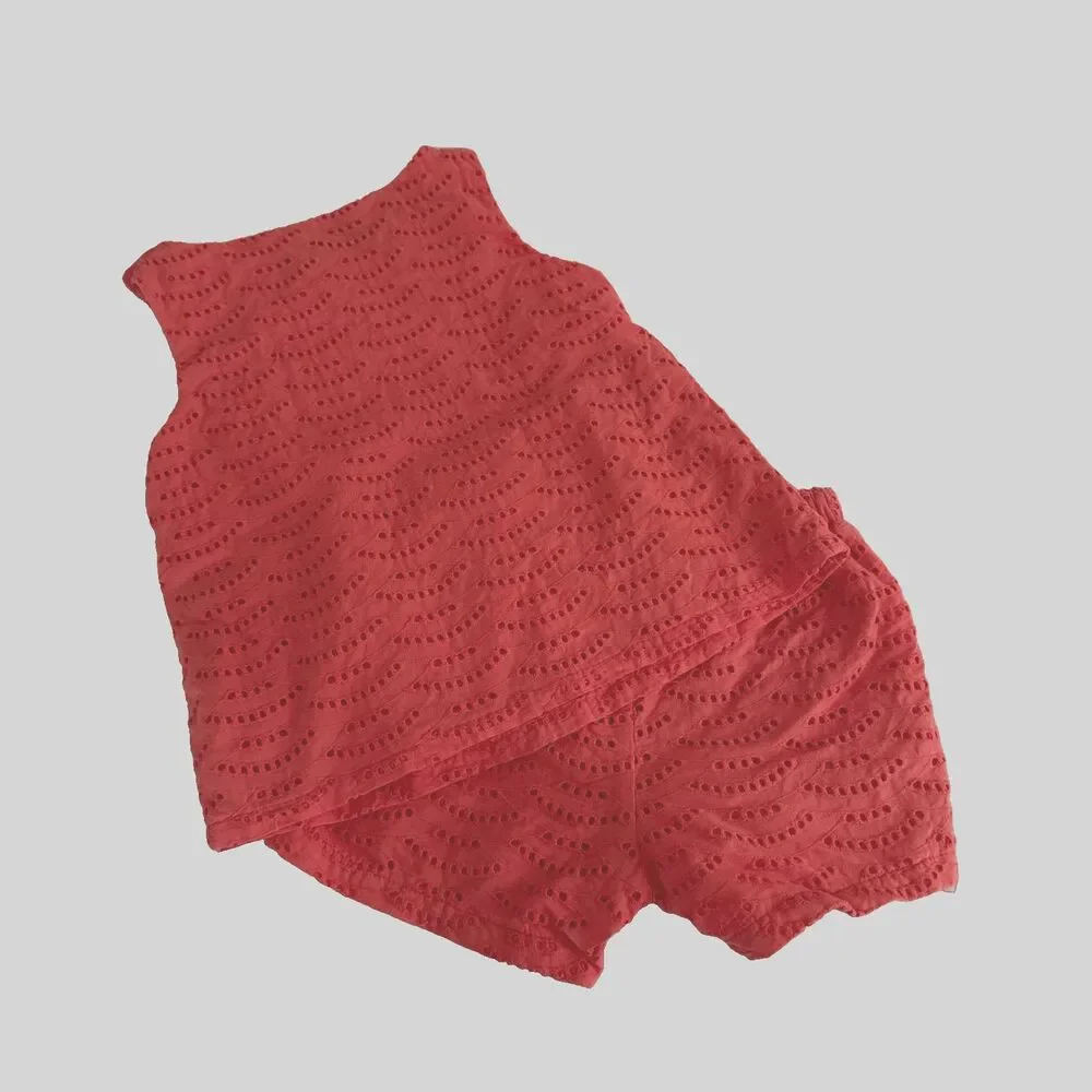 Genuine Kids Oshkosh Girls 4t 2 Piece Coral Eyelet Short Top Outfit 100% Cotton